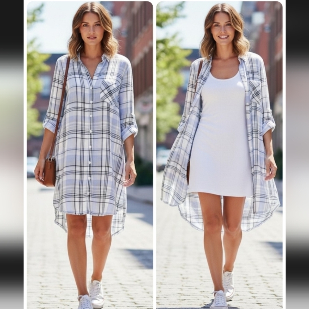 Cloth & Stone Anthropologie Versatil Plaid Shirt Dress Blue Grey White Black M